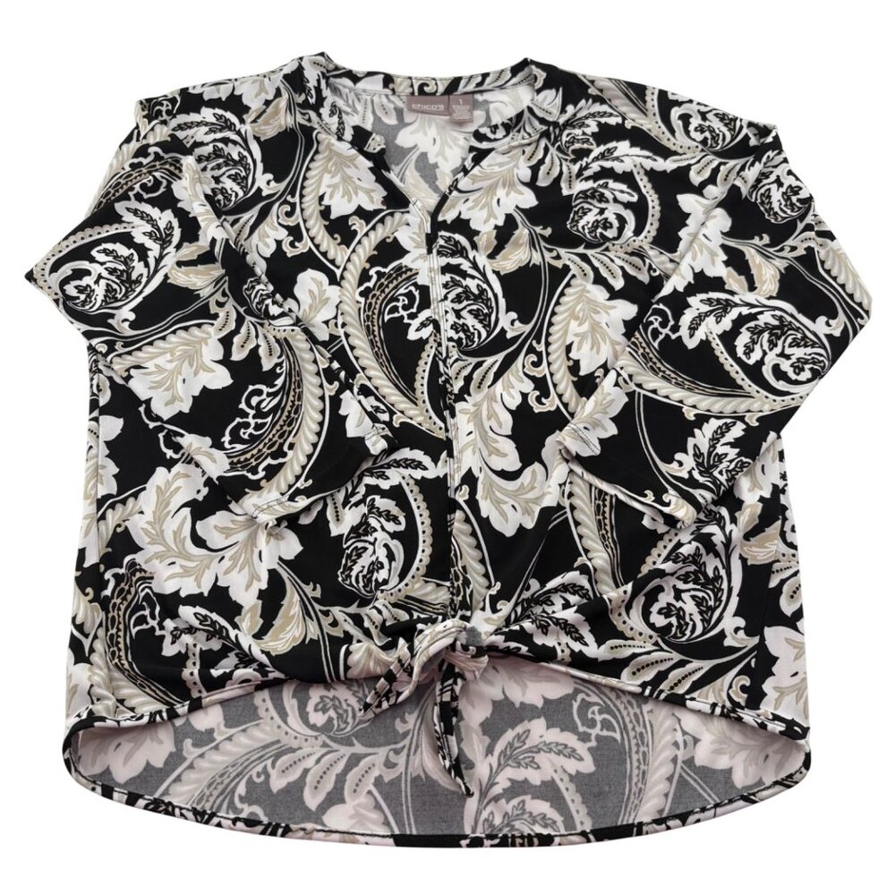 Chicos Women's Paisley V-Neck Blouse Size 1 Medium Black & White